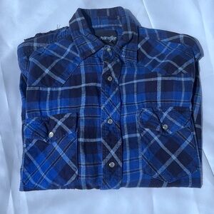 Wrangler Western Pearl Snap Shirt Med Blue Plaid Flannel Long Sleeve Ranch Shirt